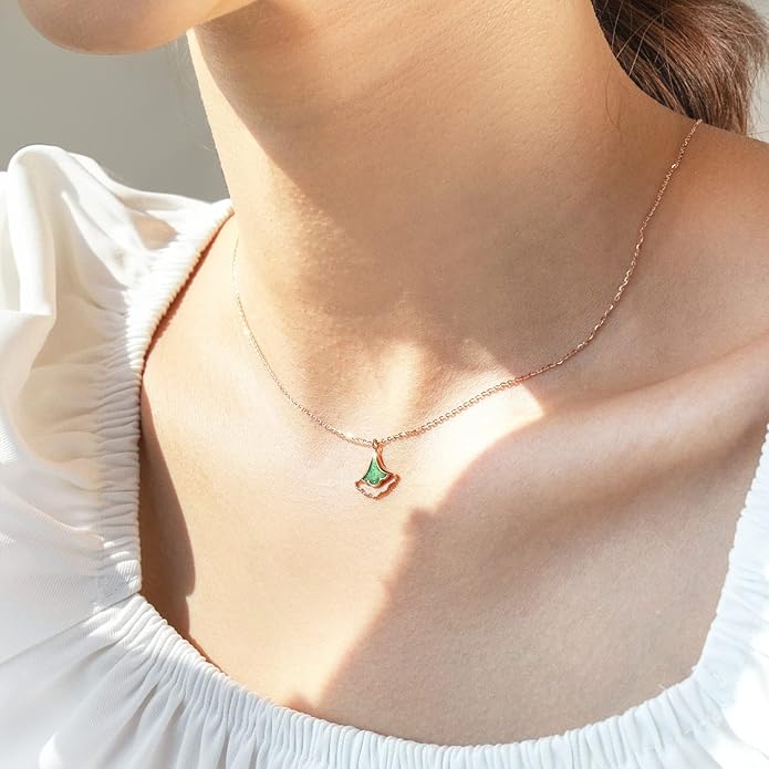 CHOW SANG SANG Delicate Gold 18K Rose Solid Gold Enamel Green Ginkgo Leaf Necklace and Earrings Jewelry Set with Limited Edition Jewelry Box 92255N 92255E