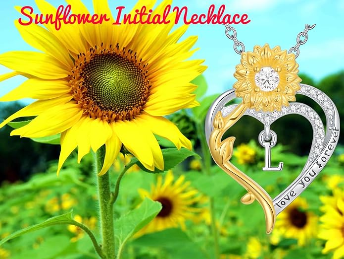 Initial Necklace 925 Sterling Silver Sunflower Heart Letter Pendant Alphabet Anniversary Birthday Jewelry Gifts for Women Mom Girlfriend Wife Her