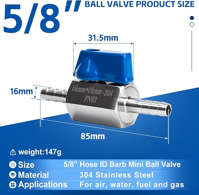 5/8" Hose ID Barb Mini Ball Valve, Stainless Steel Small Shut Off Valve - Image 2