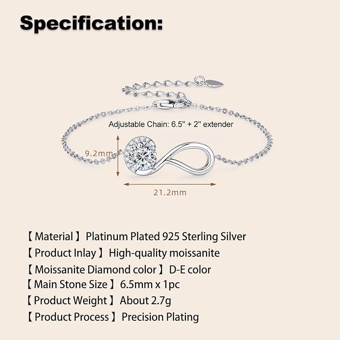 1ct Moissanite Infinity Bracelet, D Color VVS1 925 Sterling Silver Link Bracelet, Adjustable Chain for Women Wife Mom Birthday Jewelry Gifts