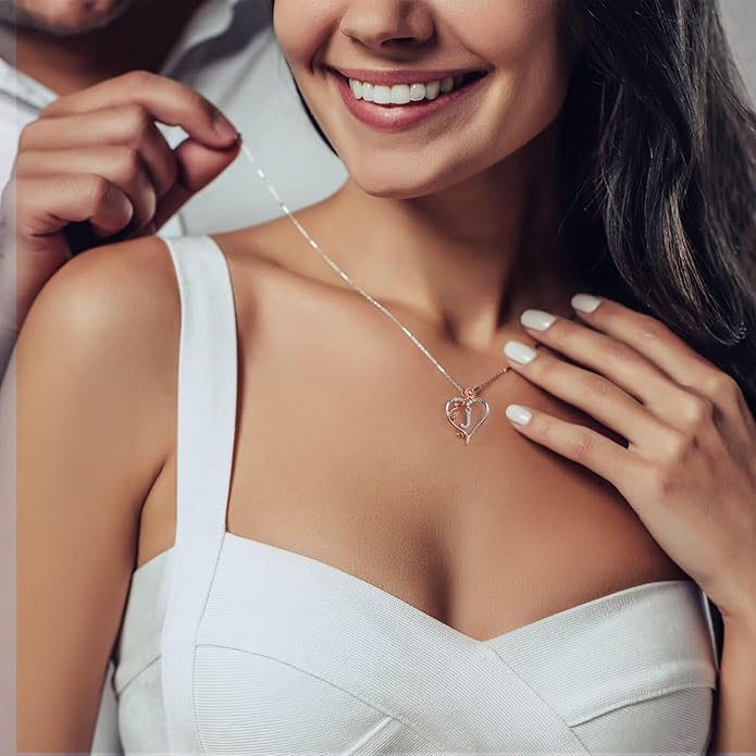 Iefil Valentines Day Gifts for Her - 925 Sterling Silver Rose Heart Initial Necklace, Anniversary Birthday Gifts for Women, Jewelry Gift for Her Wife Girlfriend