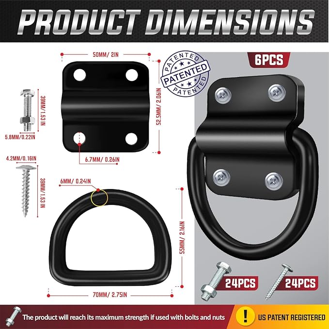 PAMAZY 6PCS 3500lbs Heavy-Duty Steel D-Rings Tie-Down Anchors Ultra-Durable | - Image 3