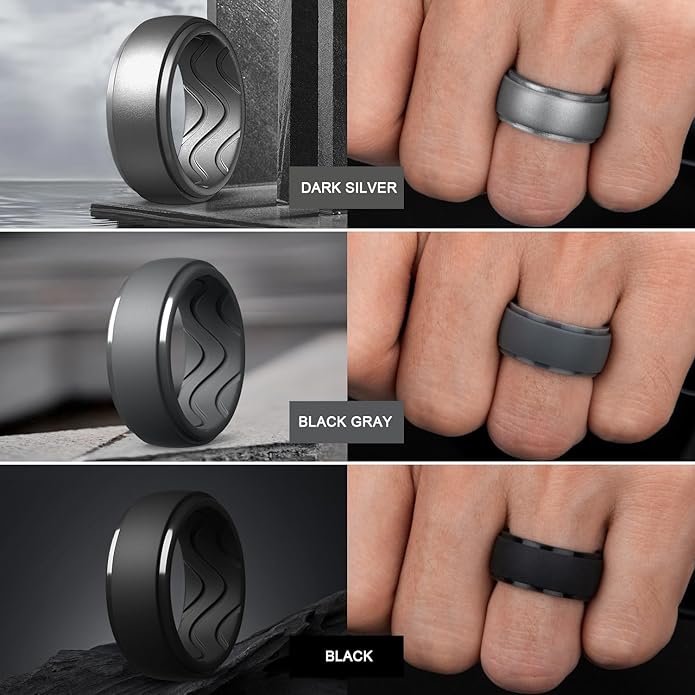 Egnaro Men's Silicone Rings 10mm Wide 2.5mm Thick, Rubber Wedding Bands with Inner Arc Ergonomic Breathable Design, 1/4/5/7 Variety Multipack