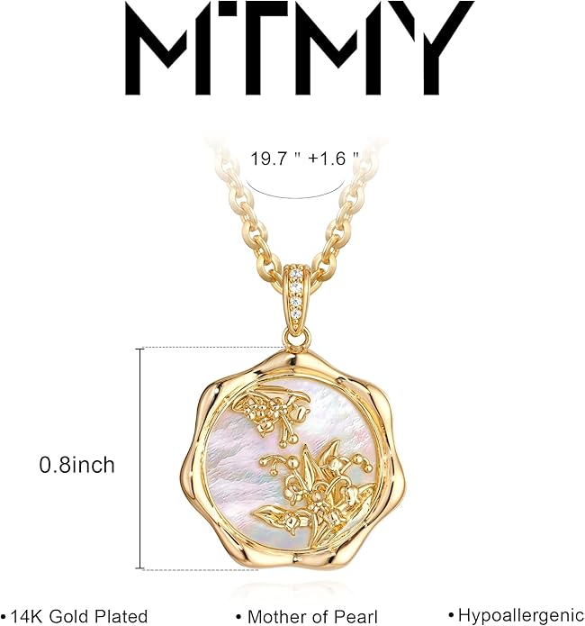 MTMY Birth Flower Necklace 14K Gold Plated Mother of Pearl Disc Birth Month Flower Pendant Necklaces for Women Personalized Custom Floral Jewelry Birthday Gift