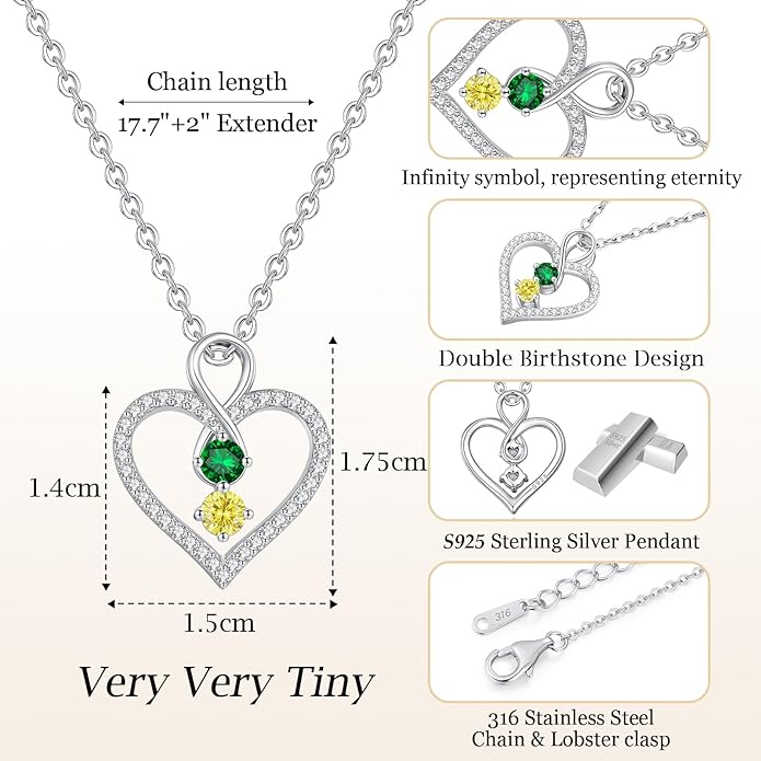 LOUISA SECRET Infinity Double Birthstone Necklace, 925 Sterling Silver Tiny Pendant Heart Necklace for Women Wife Her, Best Jewelry Gift Heart Jewelry Meaningful Gift for Valentine's Day, Christmas, Birthday Anniversary