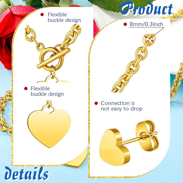Bucherry 3 Pcs Heart Jewelry Set Bow Snowflake Jewelry Heart Pendant Chain Toggle Necklace with Bracelet Earrings Snowflake Stainless Steel Link Chain for Women Gift
