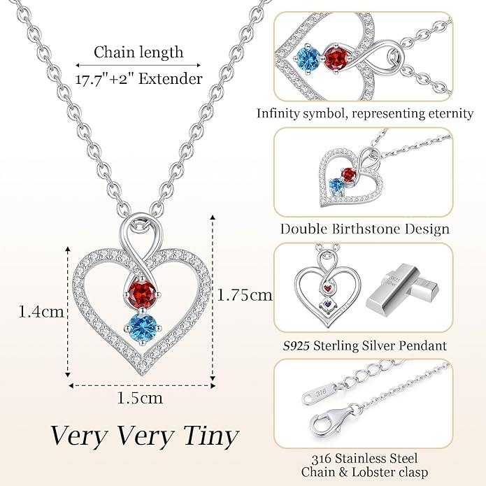 LOUISA SECRET Infinity Double Birthstone Necklace, 925 Sterling Silver Tiny Pendant Heart Necklace for Women Wife Her, Best Jewelry Gift Heart Jewelry Meaningful Gift for Valentine's Day, Christmas, Birthday Anniversary