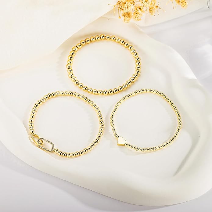 Turandoss Gold Bracelets for Women - Dainty 14K Gold Plated Bow Cross Beaded Bracelets for Women Stackable Heart Bead Bracelet Set Wave CZ Round Ball Bracelet Valentine's Day Gifts for Her