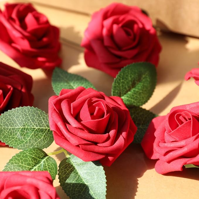 AmyHomie Dark Red Rose 100pcs Real Looking Artificial Flowers w/Stem | Bouquet - Image 6