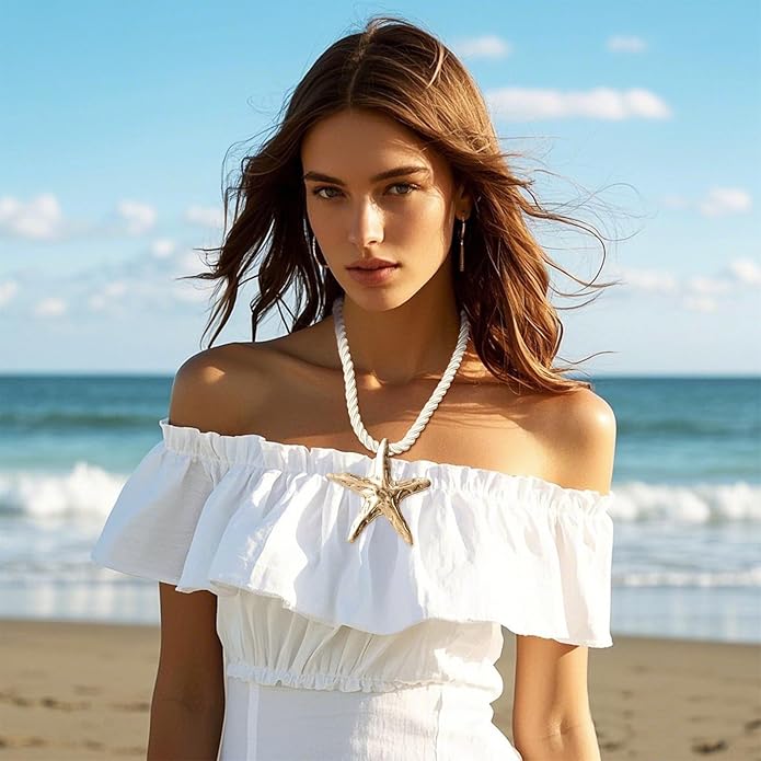 Gold Sea Shell Necklace Layered Charm Necklace for Women Boho Summer Seashell Beach Starfish Necklaces 14k Pearl Chain Surfer Jewelry Beach Vacation Essentials