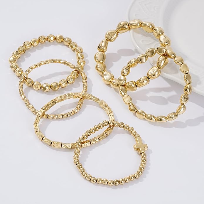 Gold Plated Beaded Bracelets for Women Trendy, 14K Gold Plated Stack Cross Pearl Gold Plated Bead Stretch Bracelets Set Elastic Hypoallergenic Bracelets Jewelry Gifts