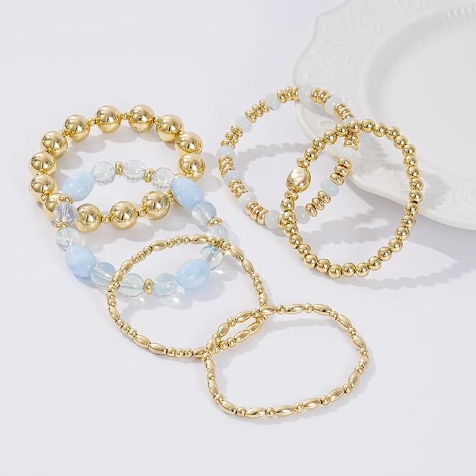 Gold Plated Beaded Bracelets for Women Trendy, 14K Gold Plated Stack Cross Pearl Gold Plated Bead Stretch Bracelets Set Elastic Hypoallergenic Bracelets Jewelry Gifts