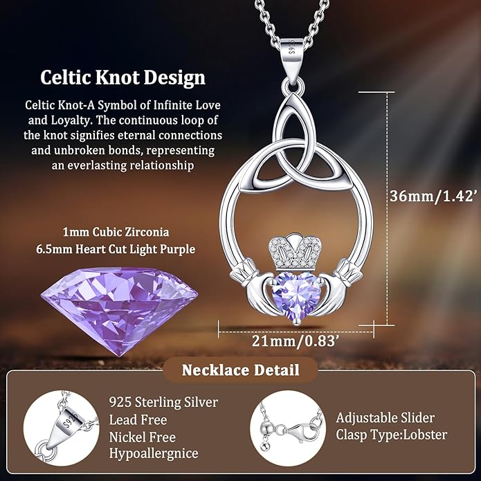 Gift Birthstone Necklaces for Women 925 Sterling Silver Irish Claddagh Necklace for Women Heart Birthstone Pendant Necklace Anniversary Birthday Gifts for Wife Lady Cable Chain 18"+2"