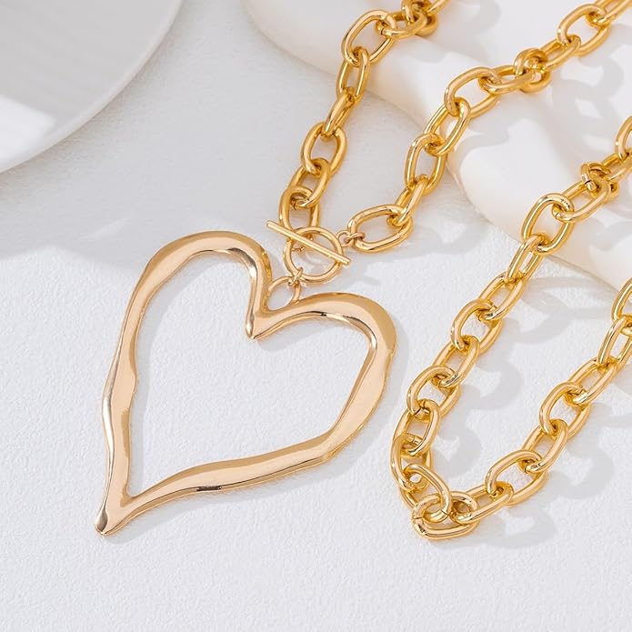 Chunky Gold Necklace Big Heart Necklace for Women Silver Large Statement Necklaces Thick Bold Chain Puffy Love Heart Charm Necklaces for Women with OT Toggle Silver Chunky Gold Jewelry Trendy Valentine's Day Gift