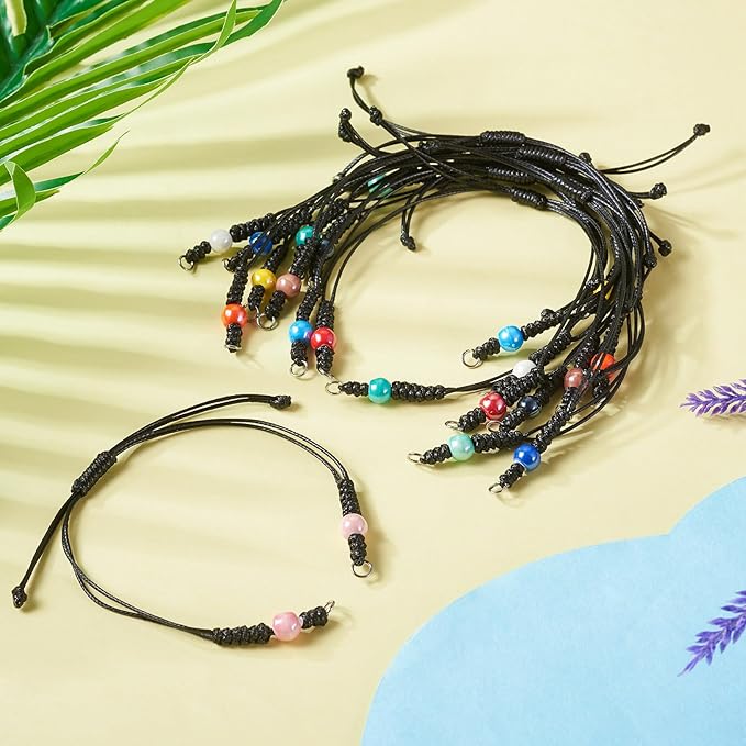 11 Pcs Adjustable Braided Cords Black Waxed Braided Thread Half Finished Bracelet with Porcelain Beads for DIY Women Jewelry Making Friendship Fashion Bangle Accessory