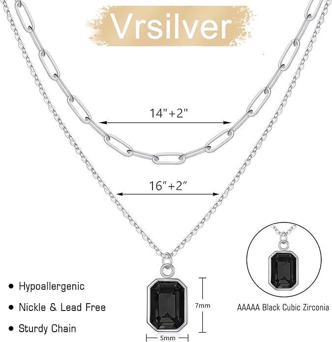 Layered Birthstone Necklace for Women Girls, 14K Gold-Plated Paperclip Chain Choker Necklace with Rectangle Birthstone Pendant Birthday Gifts for Women Girls Dainty Small