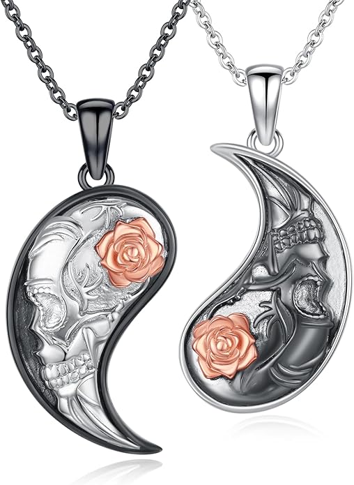 MEDWISE Yin Yang Skull Necklaces 925 Sterling Silver Yin Yang Matching Couples Pendant Friendship Couples BFF Pendant Necklace Jewelry for Her Him with Gifts Box Valentines Gifts