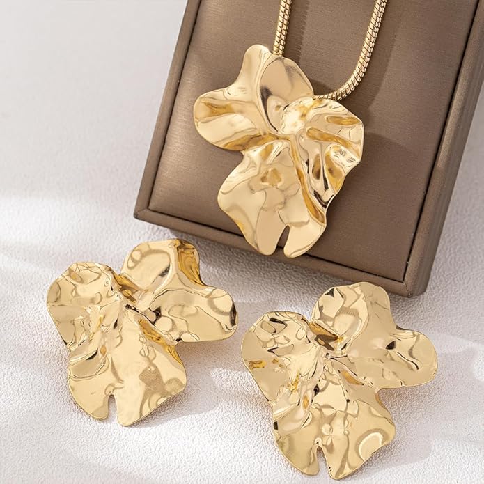 Chunky Big Gold Earrings Statement Choker Necklace Jewelry Set for Women, Charm Large Irregular Geometry Pendant Bold Stud Party Prom Accessories Gift