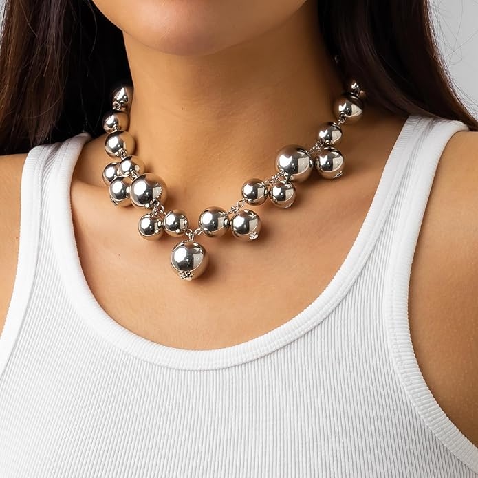 Chunky Gold Beads Necklaces for Women,Vintage Exaggeration Necklace Statement Punk Big Thick Beaded Necklace Fashion Classic Jewelry