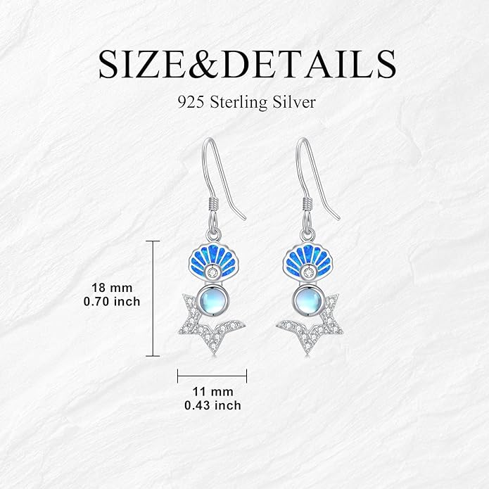 Starfish Shell Earrings 925 Sterling Silver Starfish Dangle Earrings Moonstone Earrings Seashell Dangle Earrings with Blue Opal Ocean Summer Vacation Beach Jewelry Gift
