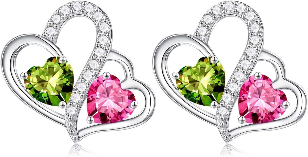Iefil Valentines Day Gifts for Her - Birthstone Earrings Gift for Women, 925 Sterling Silver Double Heart Birthstone Earrings | Anniversary Birthday Gifts for Women, Personalized Jewelry for Wife Mom