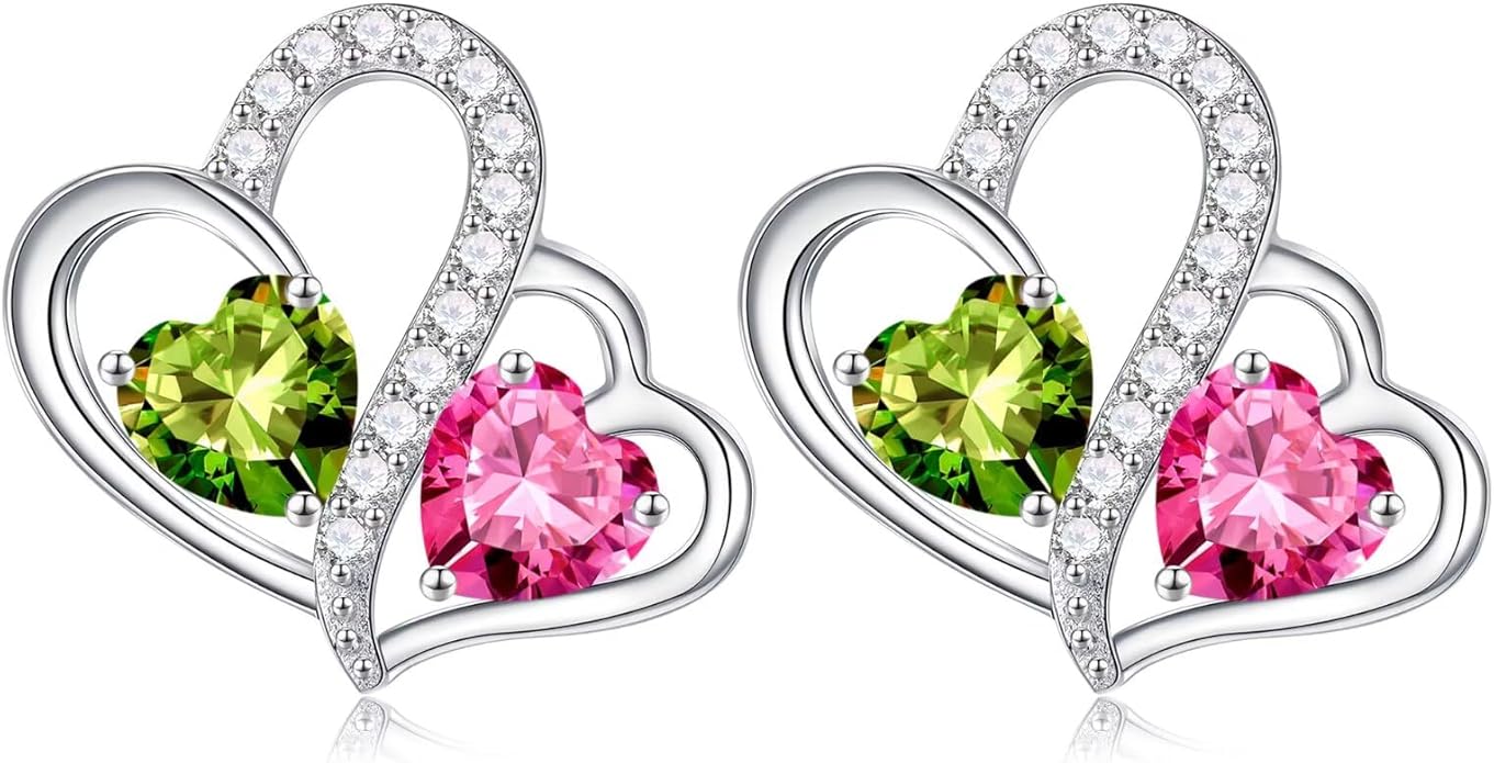 Iefil Valentines Day Gifts for Her - Birthstone Earrings Gift for Women, 925 Sterling Silver Double Heart Birthstone Earrings | Anniversary Birthday Gifts for Women, Personalized Jewelry for Wife Mom