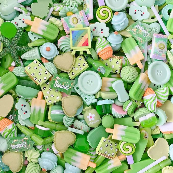 50pcs Cute Slime Charms Mixed Set Resin Flatback for DIY Craft Making and Ornament Scrapbooking Beads Assorted Candy Fruit Cake Christmas Gifts Trellis Resin Ornament Kit Making Supplies