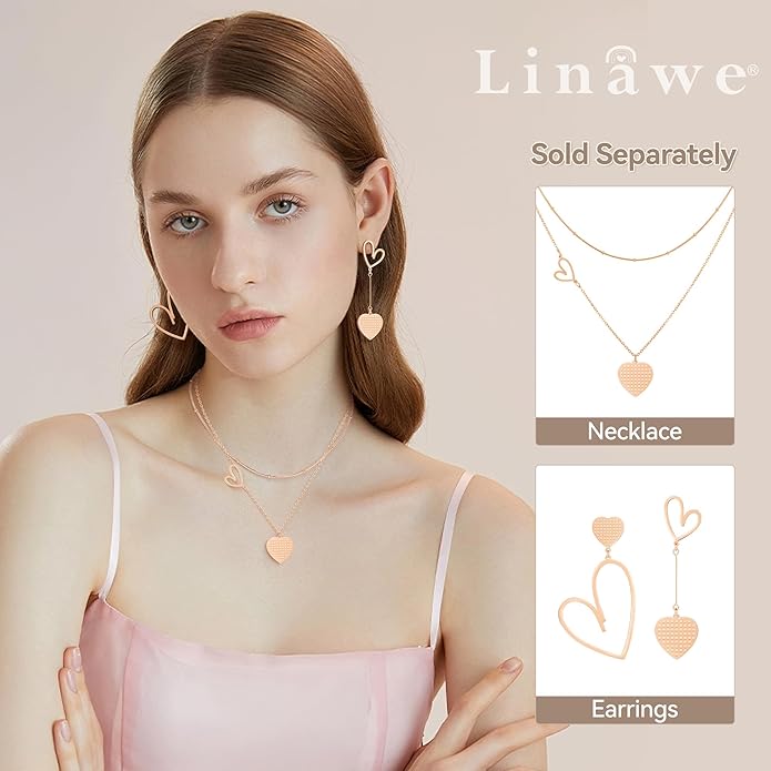 Linawe Layered Choker Heart Pendant Necklace for Women Trendy, Gold/Silver/Rose Gold Chain Stainless Steel Stacked Necklaces, Double Heart Necklace Y2K Preppy Jewelry