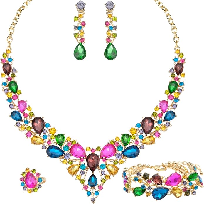 CSY 4 Pcs/Set Austrian Crystal Necklace Earrings Bracelet Ring Bridal Jewelry Sets for Brides Wedding Party Costume Accessories Gifts for Women