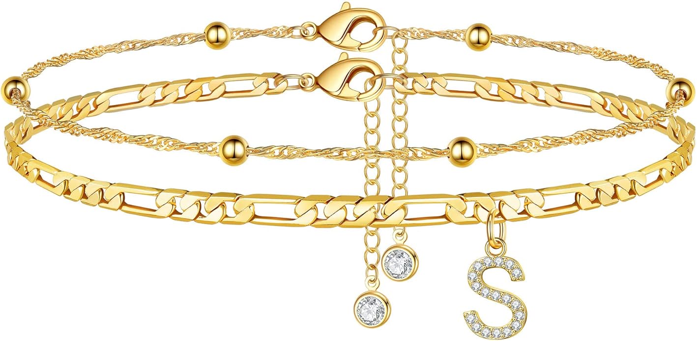 Ursteel Ankle Bracelets for Women, 14K Gold Plated Dainty Layered Chain CZ Initial Anklets Summer Jewelry Gifts for Women