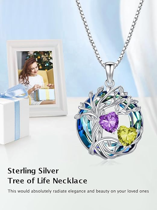 TOUPOP s925 Sterling Silver Family Celtic Tree of Life Pendant Necklaces with 2 Heart Birthstone with Blue Austrian Crystal Jewelry Birthday Valentines Day Gifts for Her, Anniversary Christmas Gifts for Wife Girlfriend Mom (18K Real White Gold Filled)