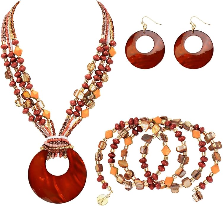 Jewelry Sets for Women 4 Pcs Chunky Beaded Mrs Roper Costume Jewelry for Women Boho Multi Strand Colorful Shell Necklace for Women
