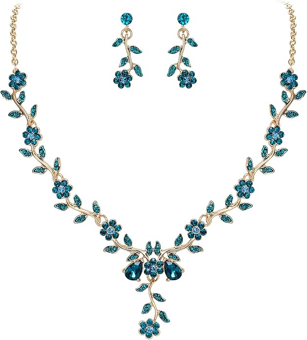 BriLove Women's Wedding Jewelry Leaf Cluster Flower Crystal Dangle Earrings Pendant Necklace Set for Bridal