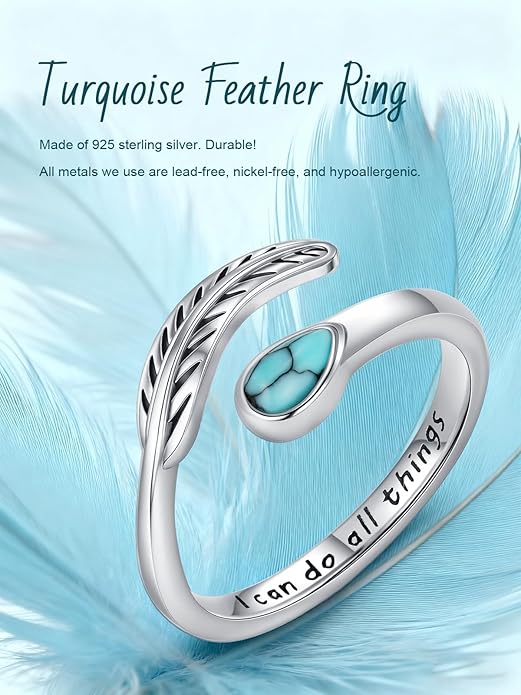 Turquoise/Moss Agate/Moonstone/Black Onyx/Lapis Lazuli/Labradorite/Tiger Eye Feather Ring 925 Sterling Silver Adjustable Ring Western Thumb Rings Vintage Jewelry Gifts for Women