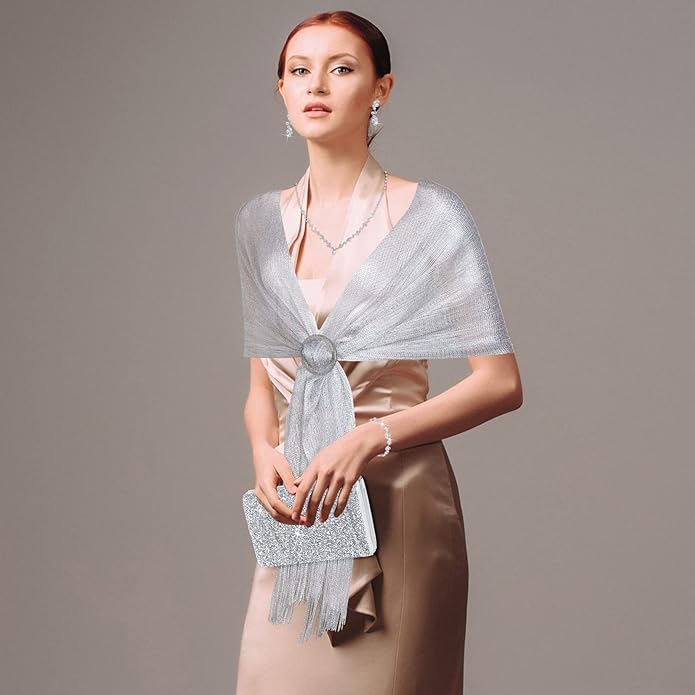 Hicarer 5 Pcs Dressy Jewelry Sets, Silver Shawls and Wraps, Clutch Purse for Homecoming Prom Evening Women Formal