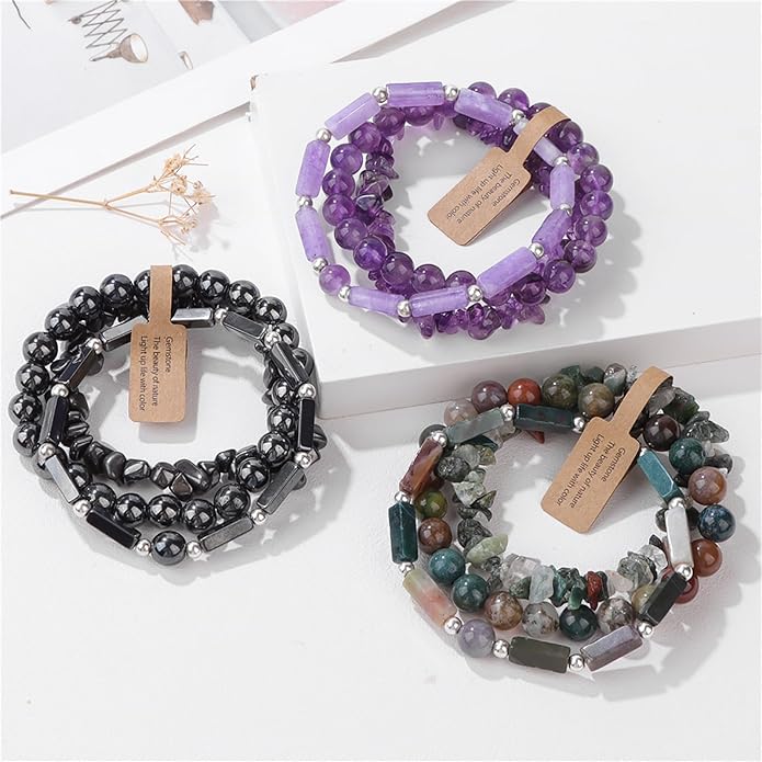 3Pcs Natural Stone Bracelets for Women 8mm Crystal Beaded Bracelets Handmade Stretch Bracelet Healing Crystal Jewelry for Women