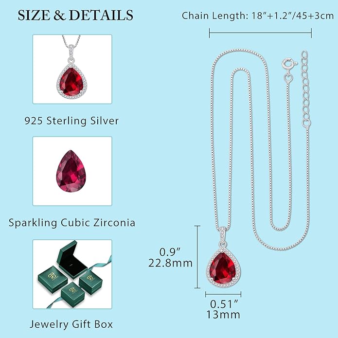 FJ Teardrop Pendant Necklace 925 Sterling Silver Birthstone Jewelry Gifts for Women