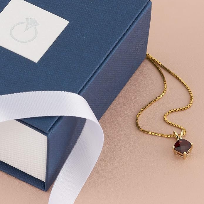 PEORA 14K Solid Yellow Gold Red Garnet Pendant for Women, Natural Gemstone Classic Solitaire, 1 Carat Cushion Cut, 6mm, Sparkling V-Day Gift, Women Gift Ideas w/Jewelry Box