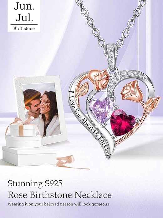 Valentine's Day Gifts for Wife 925 Sterling Silver Double Birthstone Pendant Necklaces I Love You for Always and Forever Necklace Anniversary Birthday Gifts for Wife Girlfriend Mom Her