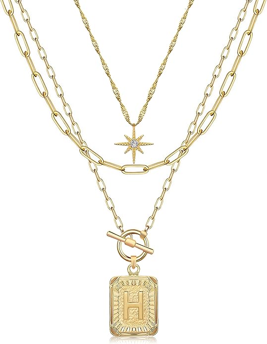 MJartoria Layered Initial Necklaces for Women Trendy, 14K Gold Plated Brass Simple Star Choker Square Letter Pendant Necklace, Paperclip Chain Necklaces Jewelry Gifts