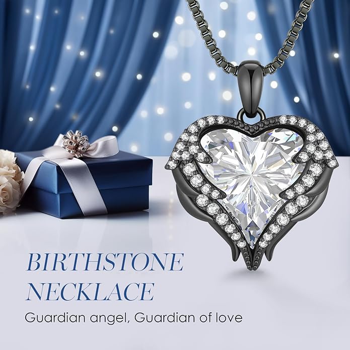 CDE Valentines Day Gifts for Women Angel Wings Necklace for Women with Birthstone, Love Heart Silver Tone/Gold Tone Pendant, Ideal Anniversary or Birthday Jewelry Gifts for Wife Girlfriend Her