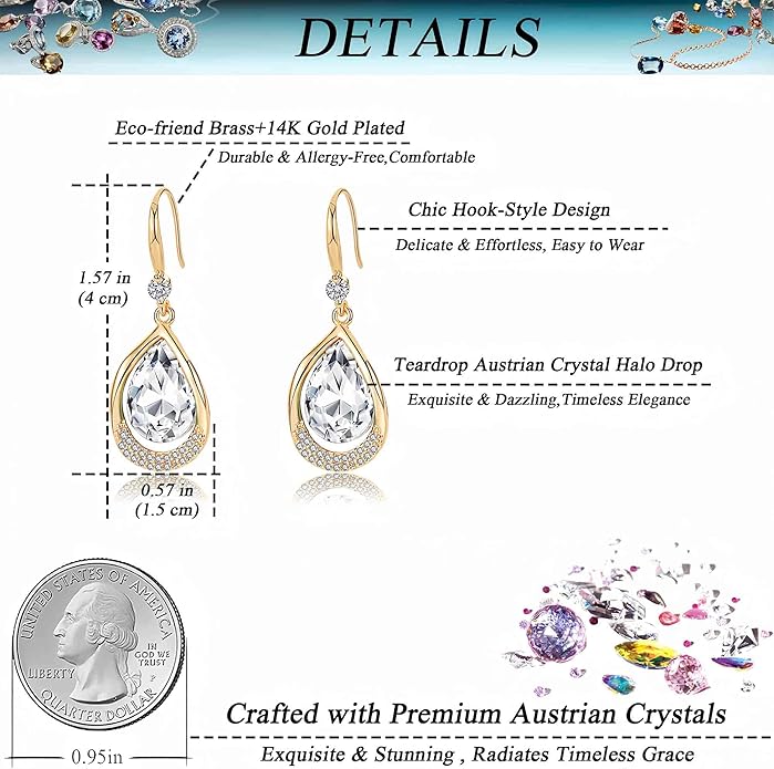 Austrian Crystal Halo Teardrop Hollow Drop Dangle Earrings for Women 14K Rose Gold Plated Hypoallergenic Jewelry Gifts