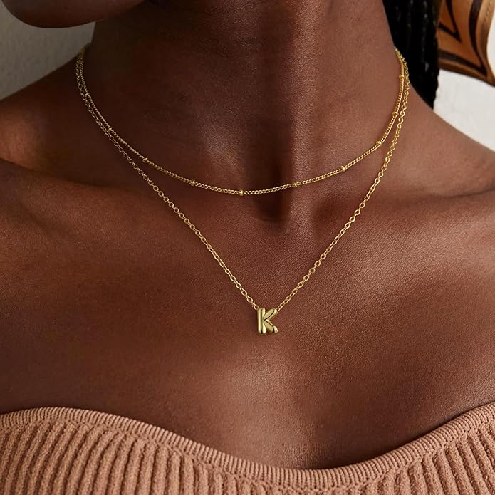 Valentines Day Gifts for Her - Bubble Letter Necklace Layered 14K Gold Plated Initial Necklaces for Women Dainty Cute Choker Pendant Stack Jewelry Fashion Accessories Teen Gift Trendy Stuff