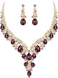 BriLove Women's Wedding Bridal Austrian Crystal Teardrop Flower Cluster Statement Necklace Dangle Earrings Jewelry Set for Party Prom