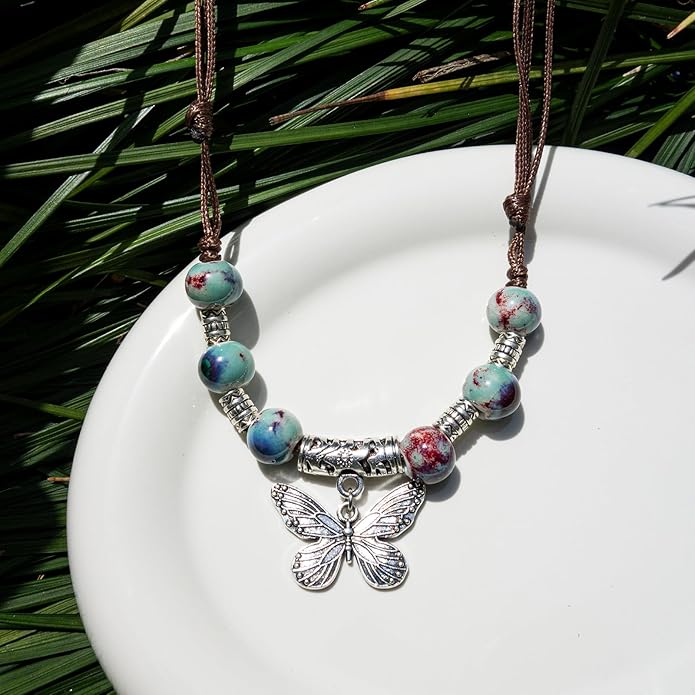 Boho Style Colorful Ceramic Bead Strand Necklace Adjustable Bohemian Jewelry Gift for Women, Fashion Clothing Matching Necklace