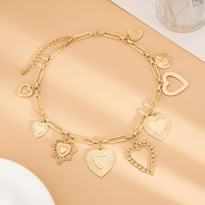 Gold Heart Chunky Charm Necklace for Women with Matching Bracelet, Healing Boho Jewelry Set, Italian Mirror-Polished Alloy, Spiritual Energy Pendant for Meditation, Growth & Inner Strength Gift