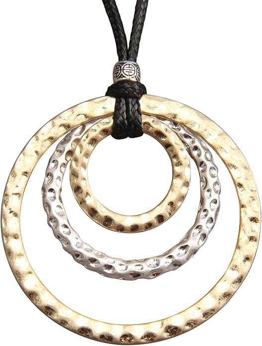 GelConnie Boho Necklaces for Women Vintage Silver Circles Long Pendant Necklace Cowgirl Sweater Necklace Adjustable Leather Choker Necklace for Women