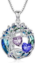 TOUPOP s925 Sterling Silver Family Celtic Tree of Life Pendant Necklaces with 2 Heart Birthstone with Blue Austrian Crystal Jewelry Birthday Valentines Day Gifts for Her, Anniversary Christmas Gifts for Wife Girlfriend Mom (18K Real White Gold Filled)