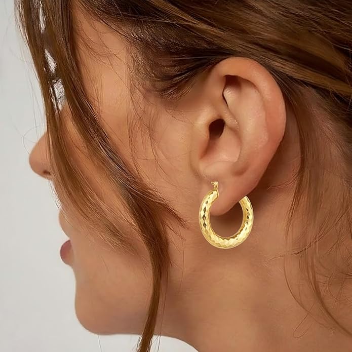 Gold Plated Hoop Earrings for Women 14K Gold Plated Earrings for Women Hypoallergenic Lightweight Wrinkle Texture Earrings Womens 20mm/25mm/30mm