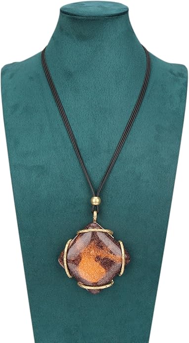 GelConnie Leather Necklace for Women Large Pendant Long Brown Necklace Circle Leather Choker Vintage Sweater Necklace Gold Chunky Boho Necklaces for Women